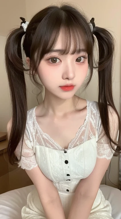 ((Highest quality, 8k, masterpiece:1.3)), concentrated: 1.2, Perfect Body Beauty: 1.4, Hips: 1.2, ((Twin tails, chest: 1.2)), Bandeau dress: 1.1, Highly detailed faceと肌の質感, Beautiful Eyes, double eyelid, Whitening skin, Long Hair, (shut up: 1.3), (Sit on the bed), Highly detailed face, Looking up、rabbit makeup、Lace shirt、(Blunt bangs:1.2)、Classic wavy long hair