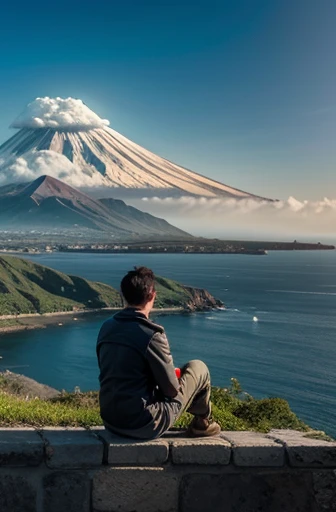 A man sitting on the wall of a castle seeing in the distance an island in the sea with two volcanoes and below the volcanoes there is a city