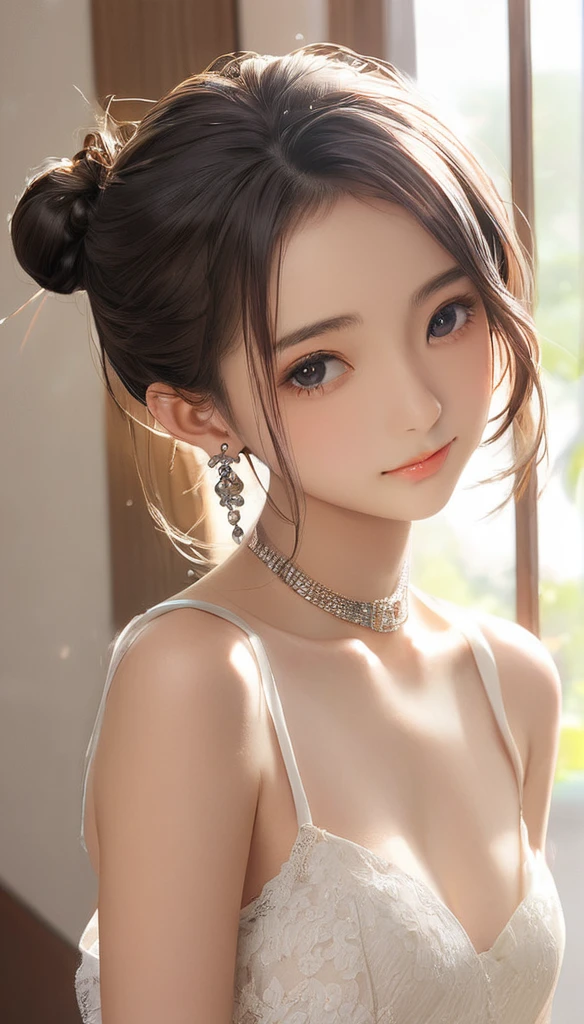 (masterpiece, Highest quality:1.2), One girl, alone,bony body、15 years old、half-up bun、Earrings