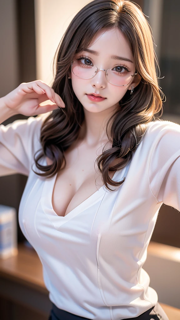 1woman,random office lady fashion,(Thin type),(large breasts),(random pose),(random hairstyle),(Highest image quality,(8K), Ultra-realistic, Best Quality, High quality, High Definition, high quality texture, high detailing, Beautiful detailed, fine detailed, extremely details CG, Detailed texture, realistic representation of face, masterpiece, presence),(wearing glasses:1.2)