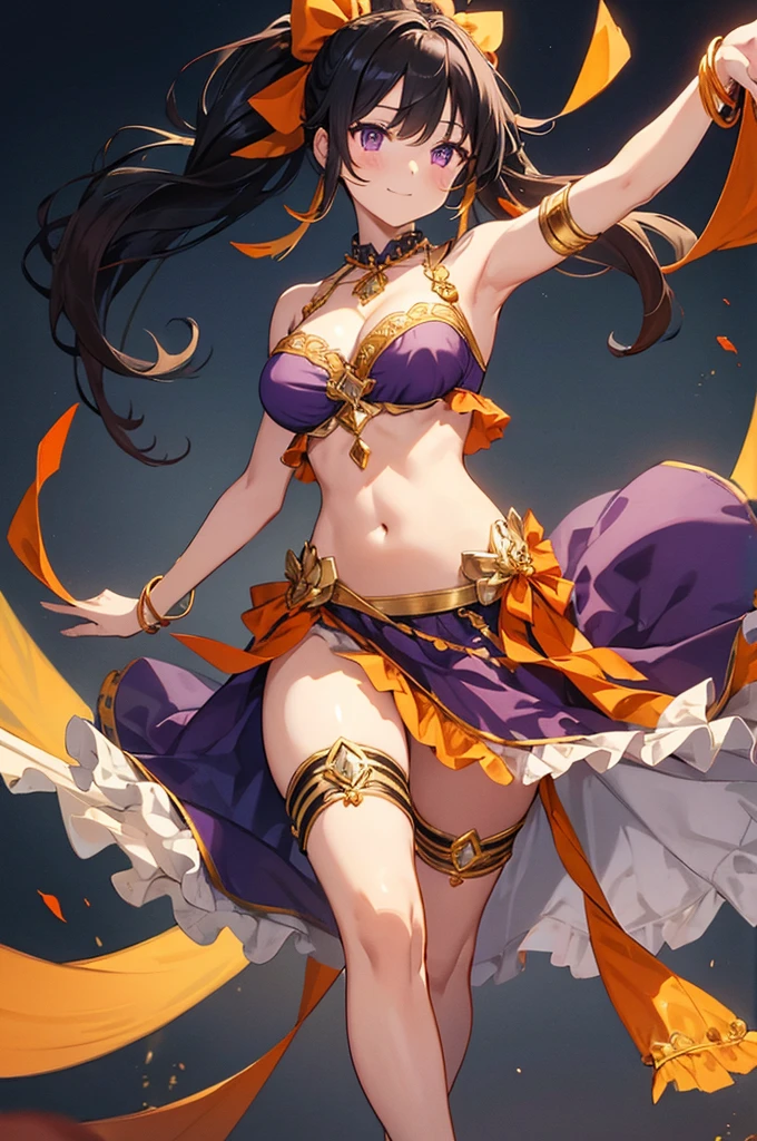 1girl, solo, long hair, breasts, looking at viewer, blush, smile, simple background, black hair, white background, ribbon, navel, cleavage, bare shoulders, jewelry, medium breasts, closed mouth, standing, purple eyes, collarbone, full body, hair ribbon, ponytail, thighs, small breasts, midriff, stomach, black footwear, bracelet, halterneck, sandals, revealing clothes, pelvic curtain, armlet, gold trim, anklet, thighlet, orange ribbon, dancer, harem outfit