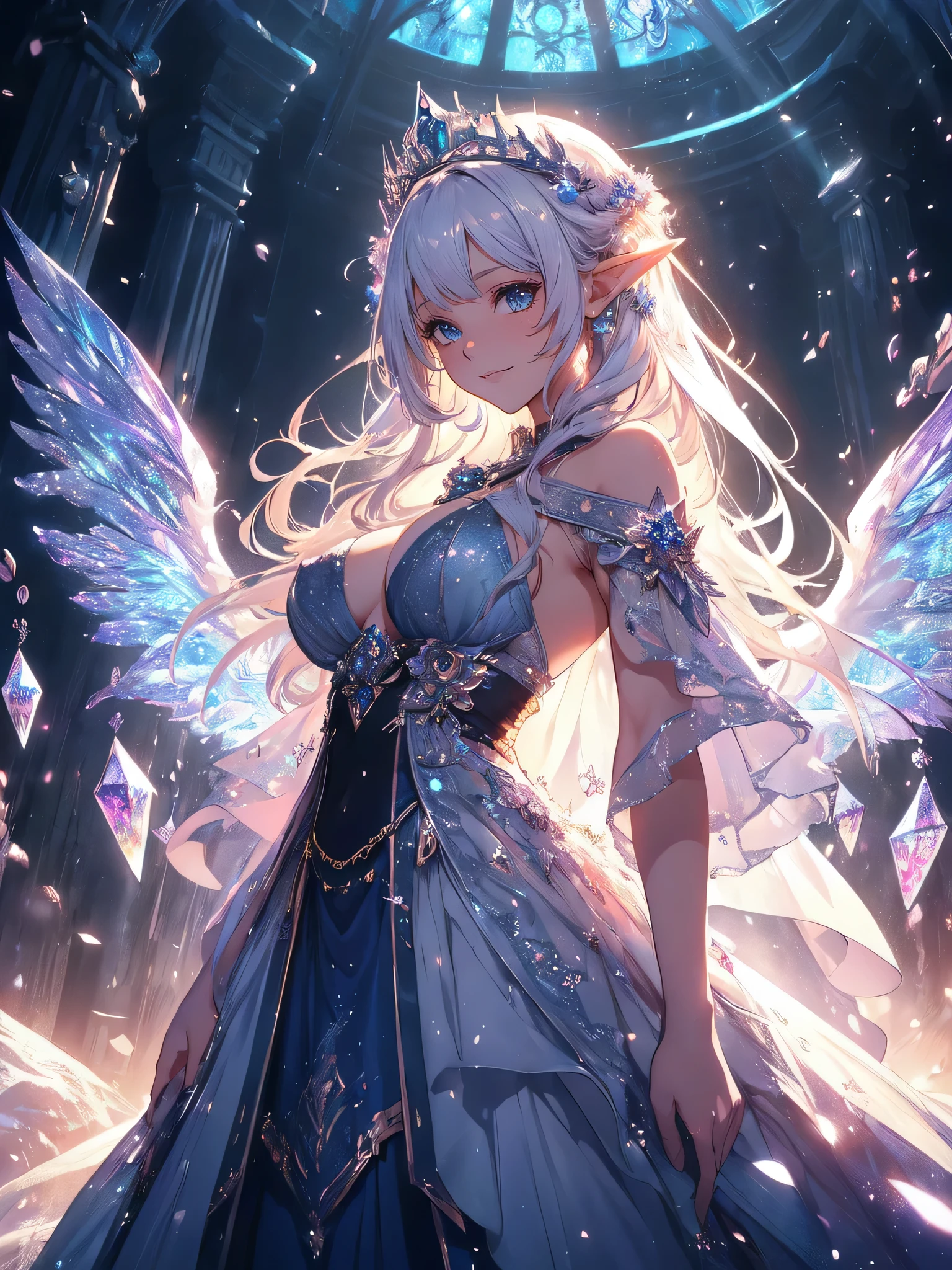 最high quality、1 woman elf facing forward、Succubus、(( cowboy shot ))((underwear))'((low angle1.5 ))、Beautiful eyes、tears、Huge stained glass、Beautiful decoration、brassiere、panty、Ice tiara、Swirling Ice、Crystal of snow、Ice Palace、最high quality , fractal art.Ice Throne、Inside the palace dome、Glowing iceの柱、Huge windows、虹Farbeに輝くステンドグラス、courtyard、　比基尼、Beautiful breasts、Large Breasts　((Laugh beautifully、))((Glowing ice　))SMqueen、Beautiful face、orgasm、Ecstasy、全身Beautiful decorationの下着、World of Illusions、Ice crystals、Crystal of snow、Ice wall、ice World、Bigger on the front、 Beautiful shine,High-definition depiction, Realistic, 8k, Unity, Beautiful thighs,,Giant Devil's Wings、虹Farbeに輝く翼、、 light smile, Beautifully and vividly drawn, , beautiful beautiful透き通る肌、輝くBeautiful decorationの魔法、、Beautiful decoration、 , beautiful、 Romanticism,mosquito。 The most beautiful form of chaos, Mr..々Farbe, Intertwined flowers, P article,Magical gentle light,smile,,image quality、masterpiece、Beautiful face、Super beautiful elf woman((Big breasted 22 year old office lady、Bust 120,Beautiful long ironed hair、Silver Hair、height: 165cm。、Esbian、、high quality、、Visual Arts、最high quality、1 womanエルフ NP: Worst quality ,beautiful fractal art　、frozen、、light、Beautiful radiance,High-definition depiction, Realistic, 8k, Unity, , light smile, Beautifully and vividly drawn, , Beautiful, beautiful, clear skin、 Countless rays of light pouring down, Swirling Light, big background, , Intense light is emitted from the magic circle in front of the girl. Romanticism,Cowboy Shot:  最high quality　snow palace　　Artwork、uhd