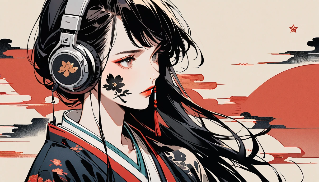 Ink Painting, 1 girl, Tattoo on face, sunglasses, Japanese style headphones, beautiful girl, Black Hair, Delicate and precise, Modern ukiyo-e style, Multicolored background