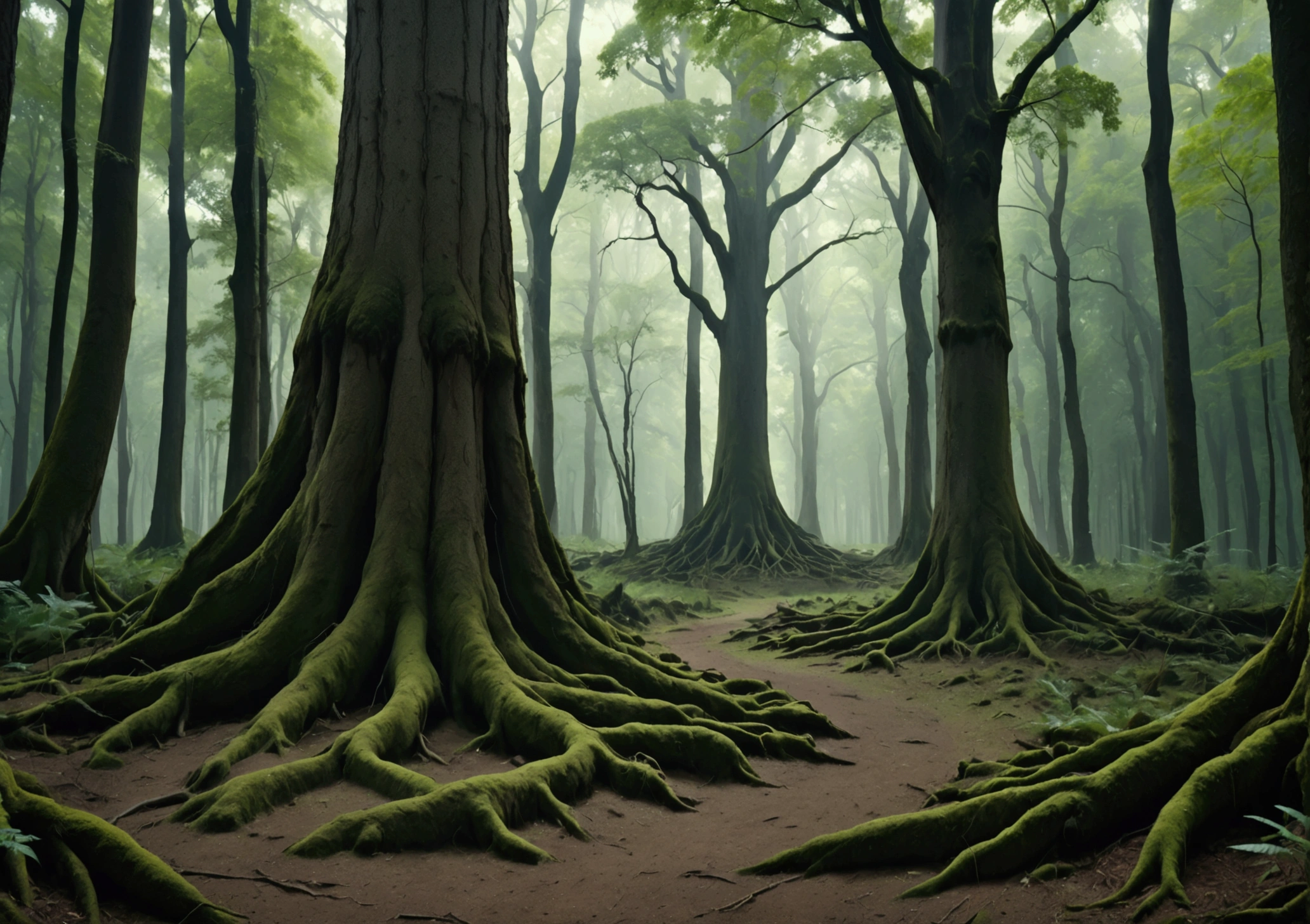 dark and dense forest at day, tall trees with thick tree roots, no path