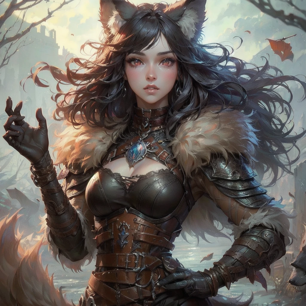  masterpiece, (textured skin), best quality, gorgeous beautiful, (a beautiful girl,wolf ears,wolf tail),detailed clothes,large breasts,narrow waist,, (beautiful face), cinematic lighting, (fantasy anime art ),