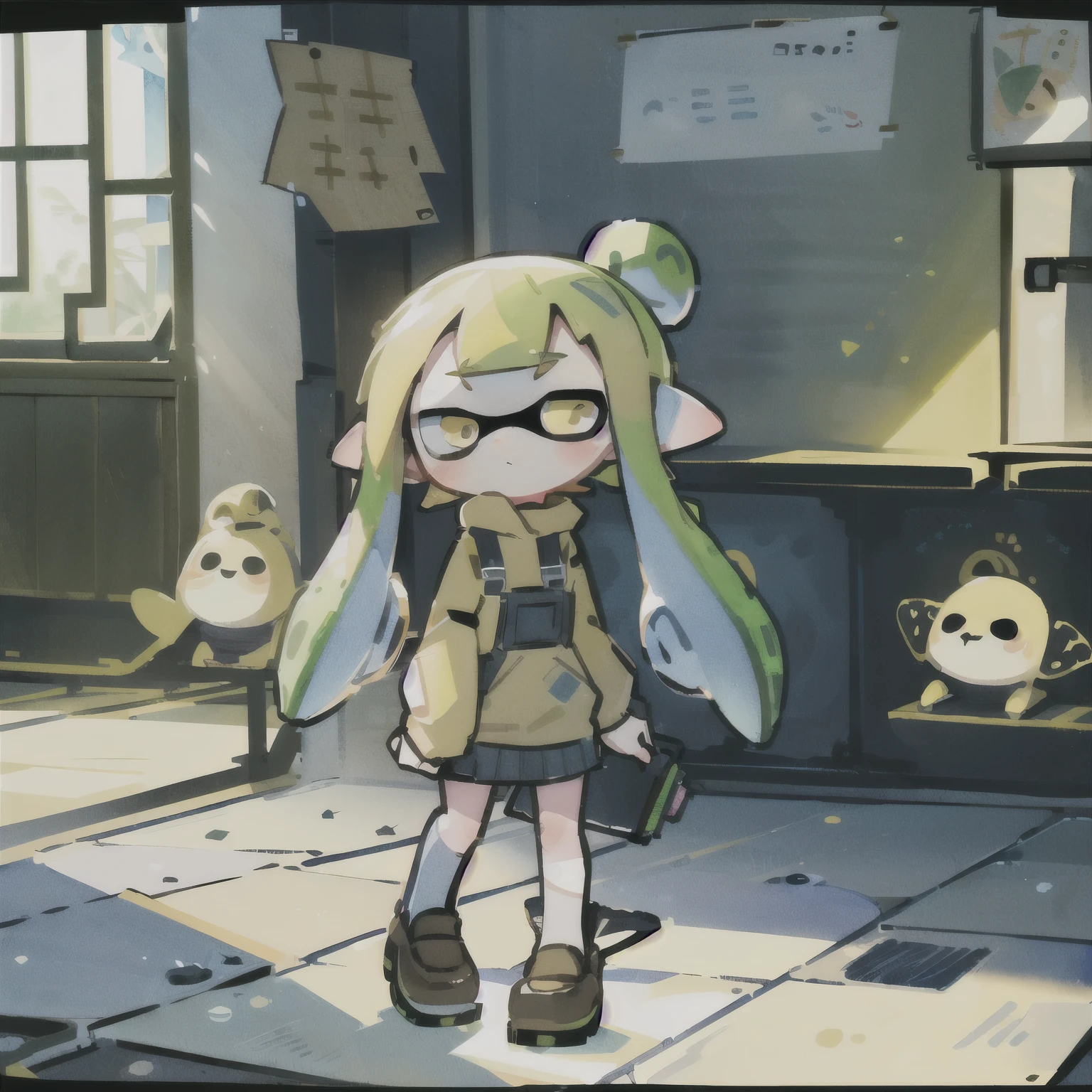 (Little:1.2),Splatoon Girl,watercolor,Are standing, sunlight, (work:1.2)、Golden Eyes、Yoho Pose、cute、blush、