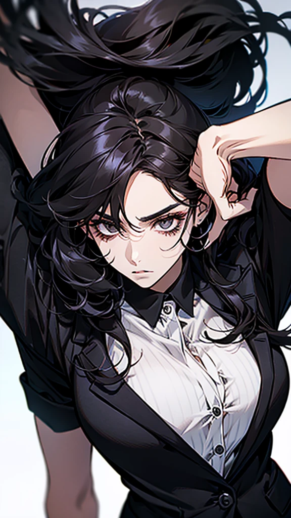 A woman with black hair, black eyes, long hair, and a fierce, beautiful face. Office employee uniform