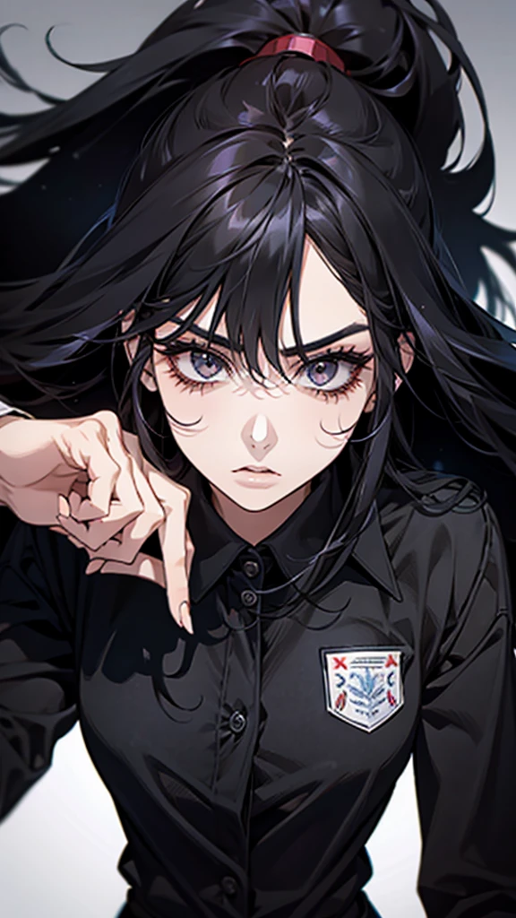 A woman with black hair, black eyes, long hair, and a fierce, beautiful face. Office employee uniform