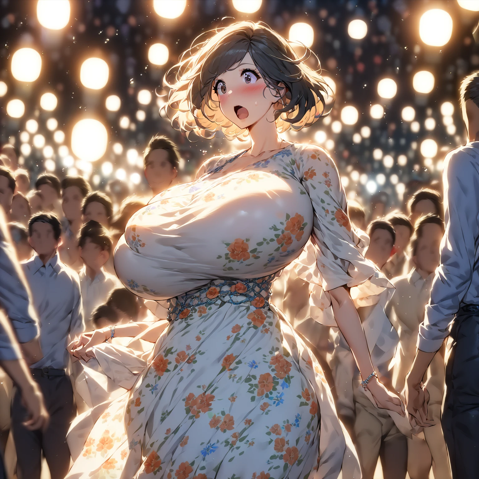 best quality, 1girl, (skindentation), (huge breast:1.2), (blur background:0.6), in a crowded amusement park, (casual yet stylish, elegant cloth,floral dress:1.5 ), gorgeous, (short hair:1.5), soft lighting, wind, (front light:1.5), surprised,