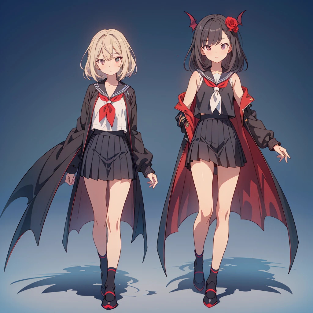 (masterpiece, Highest quality), (Perfect athletic body:1.2), (Fine hair), Very detailed, Anime Style, whole body, alone, Vampire Hunter, Black and red sailor suit,Pleated skirt Big Grim Reaper&#39;s scythe,  White hair and brown skin, high boots, Standing in the Wilderness,Navy blue knee socks,Black loafers、 8K high resolution, White Background, whole body,