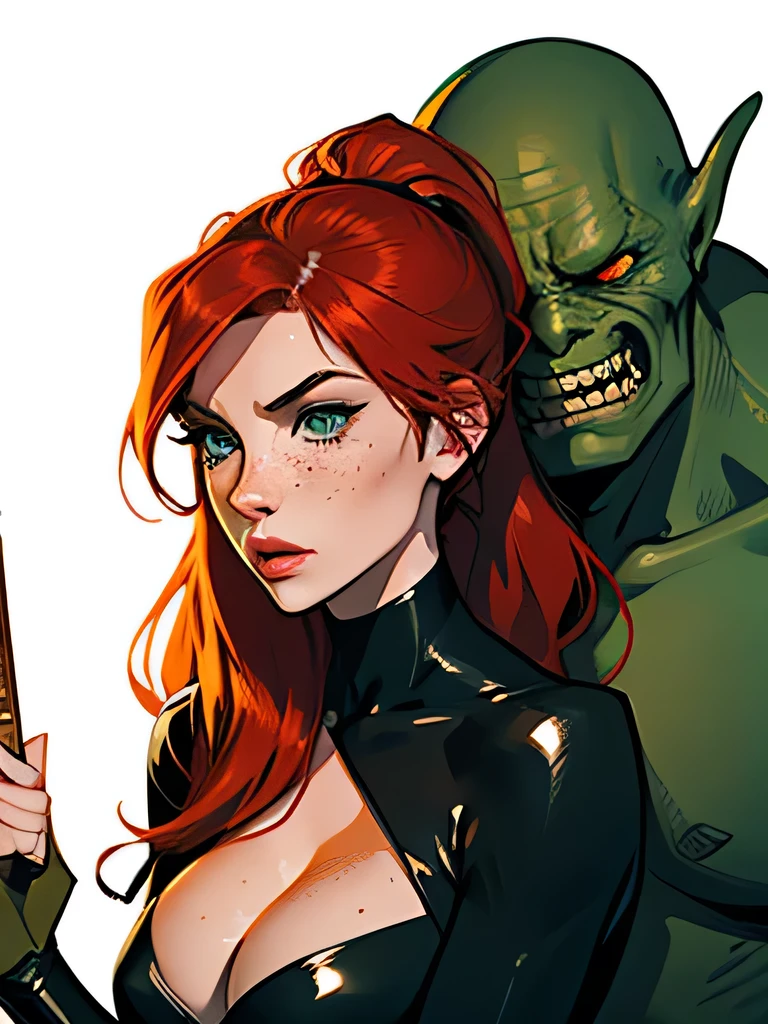 Simplicity and sophistication, shiny skin, green eyes, large , (long red ponytail), freckles, miss fortune, mary jane watson, sexual slutty, ugly man, multiple boys, gangbang, monrror,