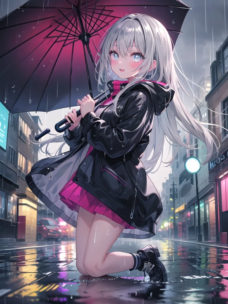 ((8k, best quality, master piece: 1.3)),super high resolution,(1 girl, solo), (colorshift eyes, hyperdetailed, expressive sparkling, glitter, glowing eyes), ultra detailed eyes, ultra-detailed face, random hair, ((silver gray color)),Please draw a 15 year old girl walking in the rain wearing a colorful raincoat. The girl has a happy expression on her face and is jumping through puddles while holding an umbrella in her hands. A rainy cityscape is in the background and there are reflected lights all around. The camera angle should be from the front of the girl jumping through the puddles. The colors are the colorful raincoat and the reflected lights in the rain, with details of the water droplets and umbrella.
