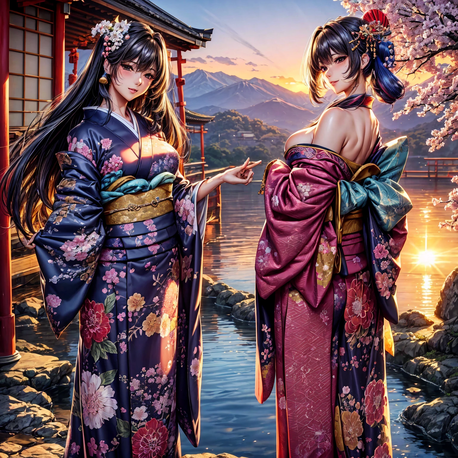 (Highest quality、masterpiece、Very high resolution、Ultra HD、2.5th dimension 1.5)、A woman who combines perfection and ultimate beauty:1 person:18-year-old、Highly detailed face、Highly detailed body、Beauty Painting、Realistic portraits、Beautiful body、Beautiful Face、Perfect figure:Beautiful Breasts F Cup、Medium Short Hair:Colored、Wide variety of hairstyles、Beautiful Hair:Colored、(((Beautiful Japanese Kimono:Japanese pattern:Colored:Shoulders exposed,)))、Realistic textured skin and body、Realistic breast texture、(Beautiful posture:1.5)、Model pose、Sculpture Pose、Photo engraving、photo shoot、Bright smile、Waterside at sunset:Wooden bridge、Illuminated by the setting sun、sunset、Natural waterside、Hair flutters under the influence of the wind、Styling hair by hand、Cherry tree in full bloom、Beautiful views、Beautiful sunset、Exact details、Detailed Images、Accurate Images、Perfect Image