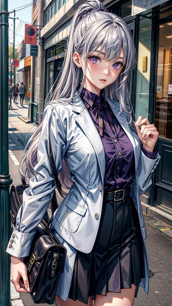 (Top resolution、Distinct_image)top-quality、(A girl) 、​masterpiece、highly detailed, half body, Semi-realistic、 ( purple eyes ) 、18year old,
 ( silver hair ) ,young 、Exquisite facial features、Facial features ,variation potrait, long  hair  , teenage, cool , cold sharp eyes, , {Very detailed 8k CG unit wallpaper}, students,  office uniform, office girl