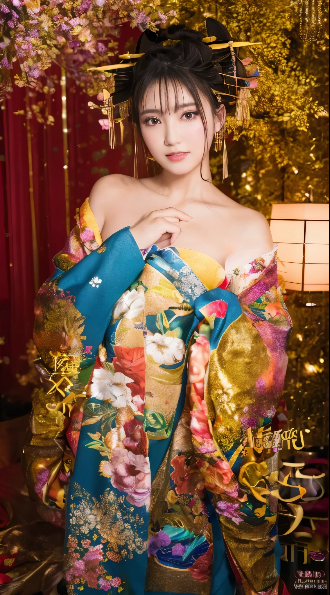 ((masterpiece(:1.4)，Highest quality，Ultra-high resolution，Highest quality，8k，Extremely detailed，In detail))。night，Fireworks display，Japanese，A beautiful woman，Big Breasts，Flashy gal makeup，Oiran，Long-sleeved kimono，Hair tying，hair ornaments，smoke tube，geta，Gorgeous and luxurious，(Fireworks displayのnightに河川敷で花火を背景にしたスナップ写真)，Hyper Quality