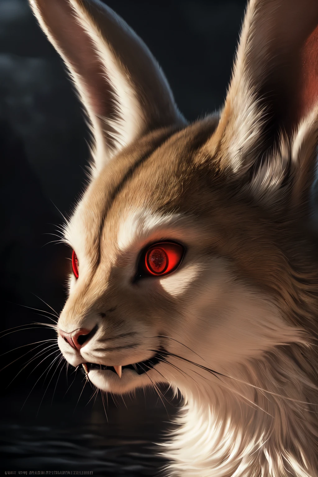 A cream-colored rabbit with glowing red eyes, sharp fangs, and a sinister expression, (best quality,4k,8k,highres,masterpiece:1.2),ultra-detailed,(realistic,photorealistic,photo-realistic:1.37),extremely detailed eyes and face, horror, dark fantasy, dramatic lighting, moody atmosphere, black background