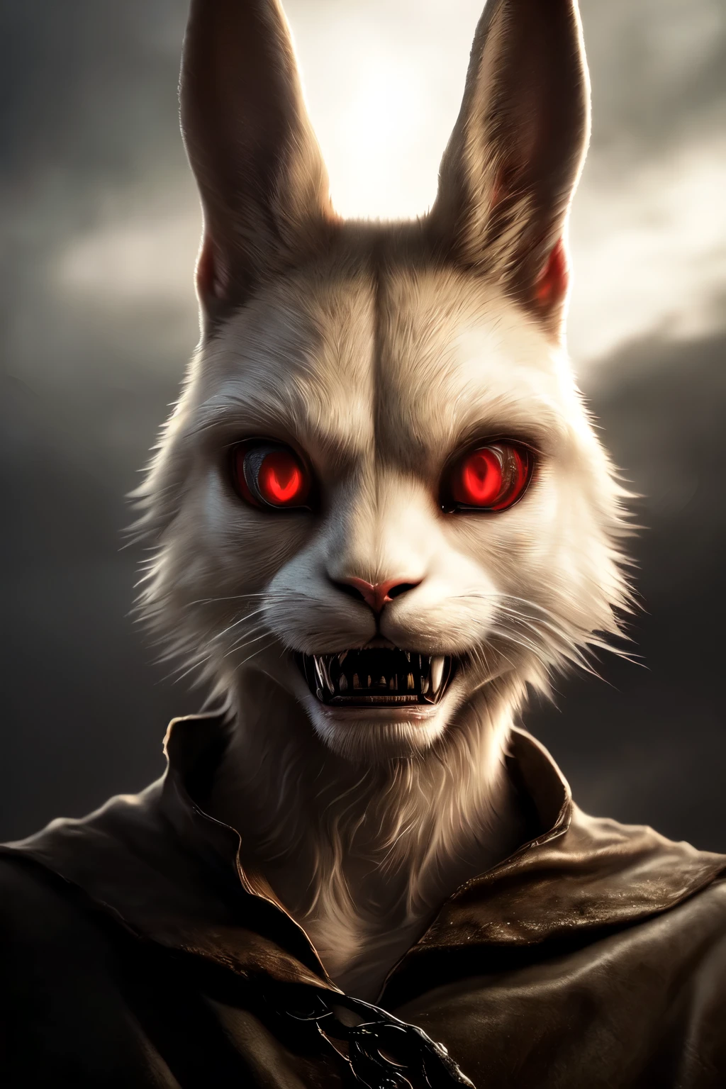 A cream-colored rabbit with glowing red eyes, sharp fangs, and a sinister expression, (best quality,4k,8k,highres,masterpiece:1.2),ultra-detailed,(realistic,photorealistic,photo-realistic:1.37),extremely detailed eyes and face, horror, dark fantasy, dramatic lighting, moody atmosphere, black background