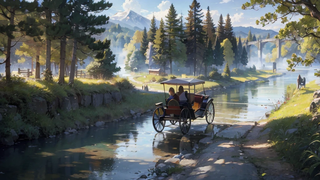 A horse-drawn carriage is running along a forest road along a river leading to a lake, passing travelers, a medieval fantasy world,