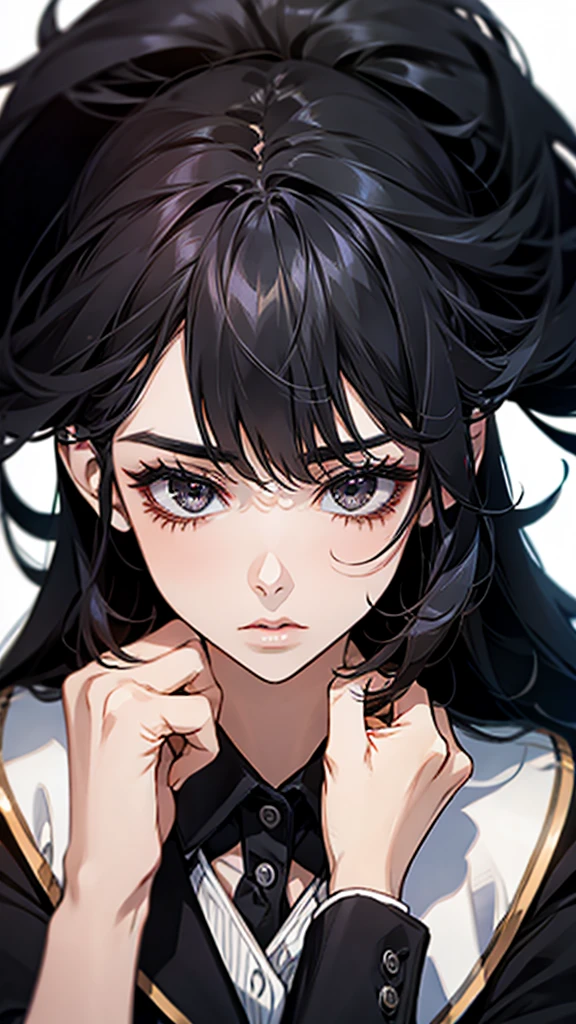 Woman, black hair, black eyes, long hair, beautiful face, office uniform.