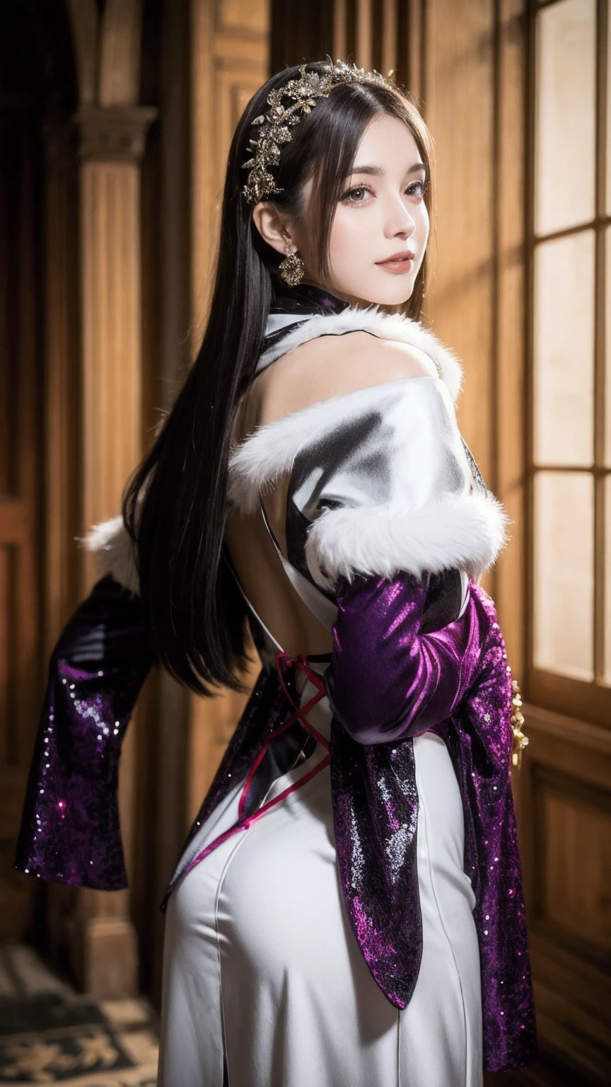 A stunning portrait of Anna Dittman-like beauty, dressed in a fitted red and white dress with fur trim, wide sleeves, and gloves, set against a darker bokeh background. Her long ash-brown hair cascades down her back as she gazes directly at the viewer with a captivating smile (1, 4). Her realistic violet eyes sparkle with intrigue. The focus is sharp, highlighting the intricate details of her outfit, from the delicate patterns to the subtle texture of the fur trim. A stunning example of hyper-detailed close-up photography.latex