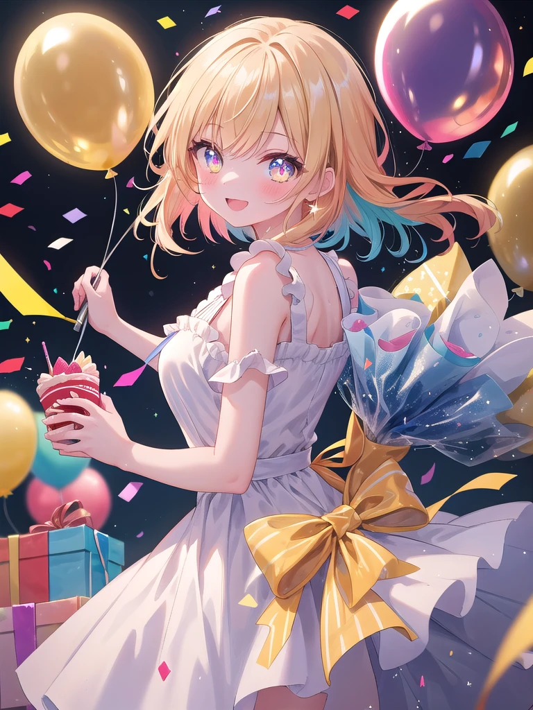 ((8k, best quality, master piece: 1.3)),super high resolution,(1 girl, solo), (colorshift eyes, hyperdetailed, expressive sparkling, glitter, glowing eyes), ultra detailed eyes, ultra-detailed face, random hair, ((pastel color)), Please draw a -yeld gienjoying a birthday party. The girl is wearing a colorful dress and has a happy expression as she stands in front of a cake and presents. There are balloons and party decorations in the background, creating a bright and festive atmosphere. Please use a camera angle that includes the cake, presents, and girl. The colors used are the colorful decorations of the party and the cake decorations.A joyful scene with a shower of colorful confetti raining down. The confetti sparkles as it catches the light, adding a festive and celebratory feel to the image. The background is filled with vibrant colors and dynamic movement, enhancing the overall lively atmosphere.