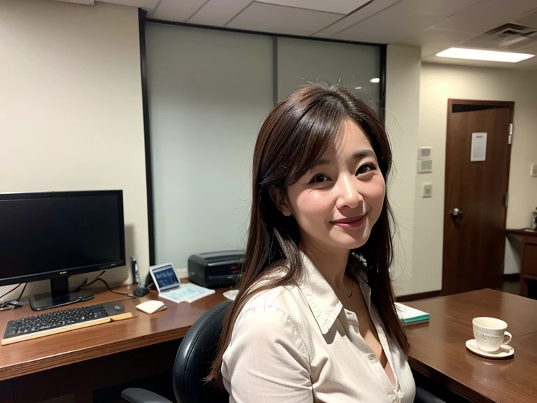 Highest quality、Masterpiece、Realistic、A striking image、Smiling businesswoman using a computer、40 years old、Sweat、Brown Hair、indoor、Very detailed、intrinsical、Fuji 55mm Film