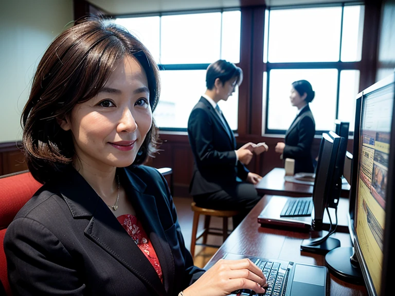 Highest quality、Masterpiece、Realistic、A striking image、Smiling businesswoman using a computer、40 years old、Sweat、Brown Hair、indoor、Very detailed、intrinsical、Fuji 55mm Film