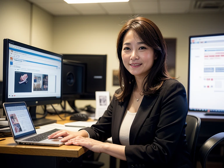 Highest quality、Masterpiece、Realistic、A striking image、Smiling businesswoman using a computer、40 years old、Sweat、Brown Hair、indoor、Very detailed、intrinsical、Fuji 55mm Film