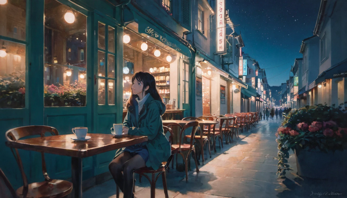 Outdoor chairs and tables, coffee shop, City lights, night lighting, From the outside, perspective, Shining Light, Fujicolor, Colors like Ghibli, Ultra-high resolution, retina, masterpiece, Accurate, Anatomically correct, Textured skin, Highly detailed face, Attention to detail, Awards,Sitting,21 years old,woman