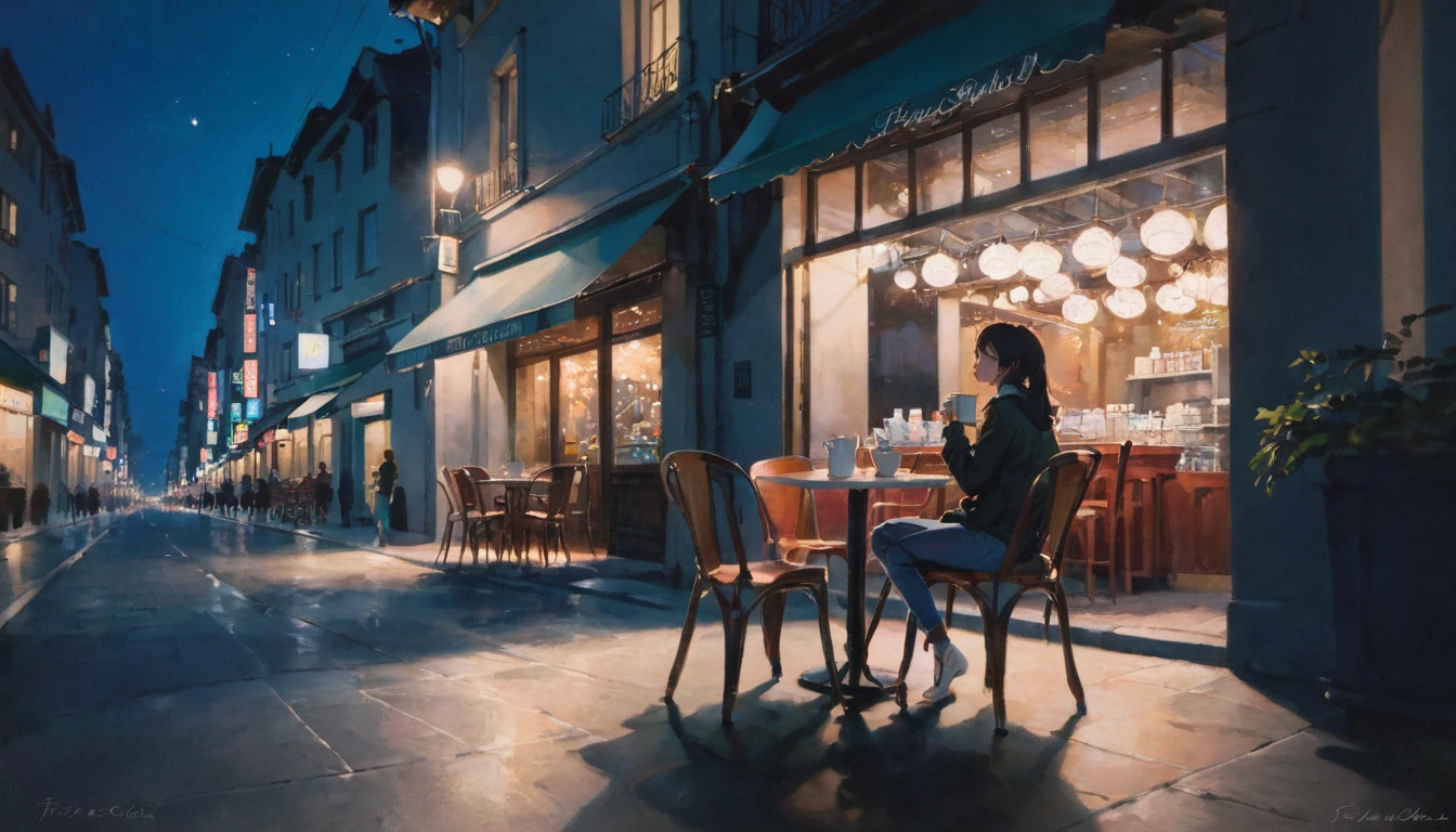 Outdoor chairs and tables, coffee shop, City lights, night lighting, From the outside, perspective, Shining Light, Fujicolor, Colors like Ghibli, Ultra-high resolution, retina, masterpiece, Accurate, Anatomically correct, Textured skin, Highly detailed face, Attention to detail, Awards,Sitting,21 years old,woman