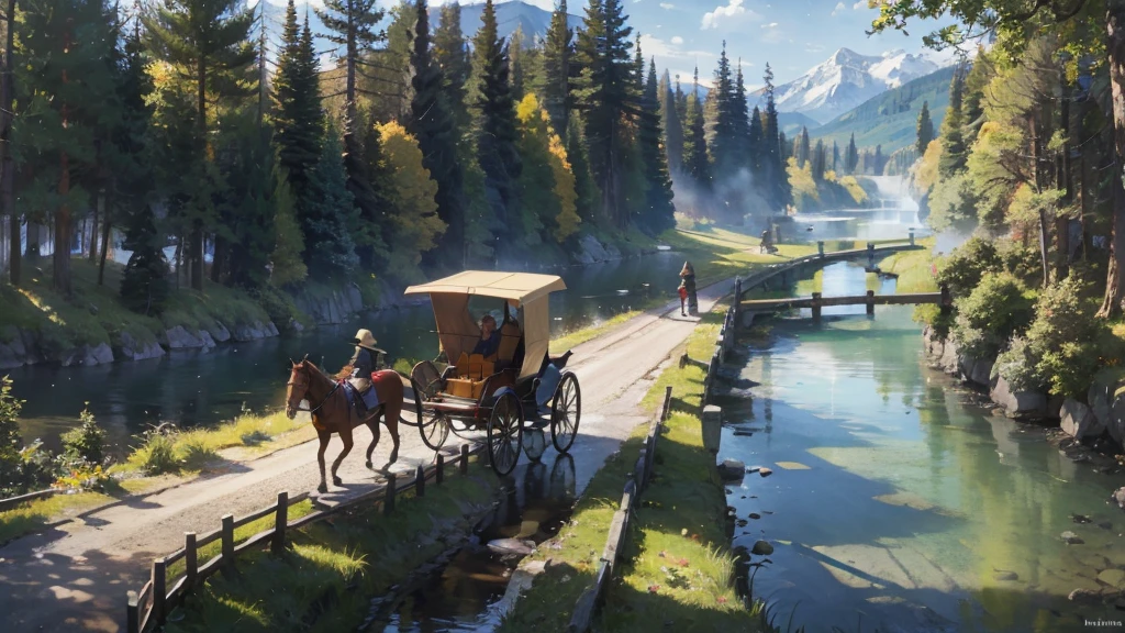 A horse-drawn carriage is running along a forest road along a river leading to a lake, passing travelers, a medieval fantasy world,