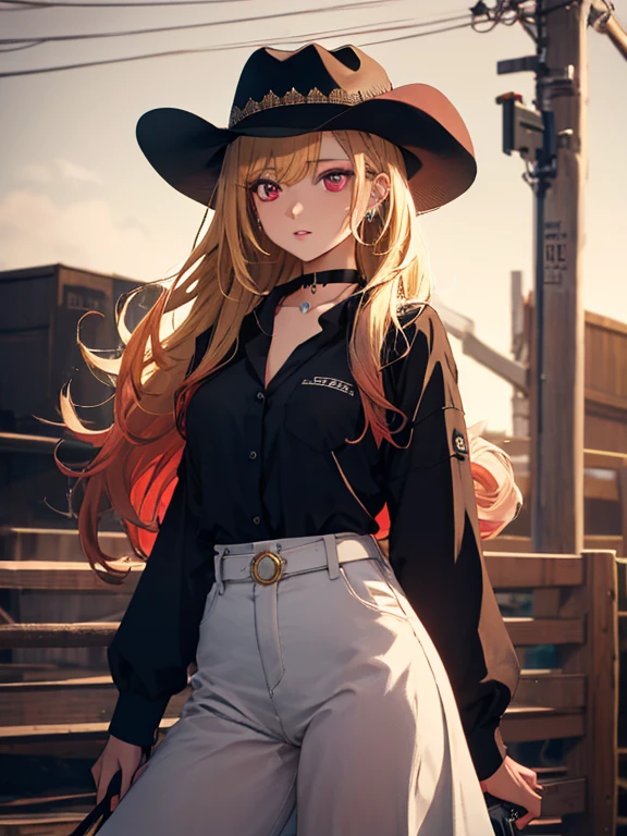 Pistol, Western Cowboy, western drama, Ten-gallon hat, horse riding, Western Cowboy, Kitagawa Marine, 1girl, blonde hair, long hair, multicolored hair, red eyes, jewelry, earrings, piercing, black choker, uhd, retina, masterpiece, ccurate, anatomically correct, textured skin, super detail, high details, high quality, best quality, highres, 4K
