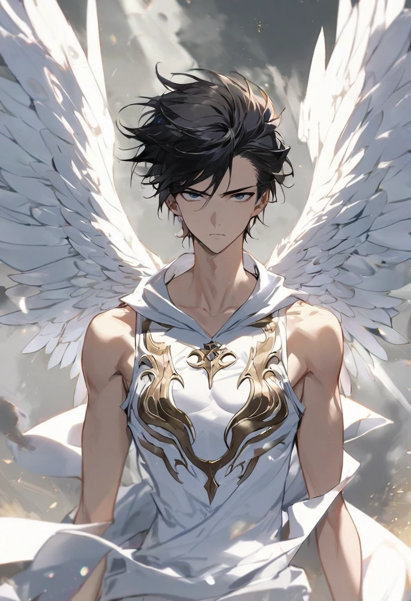 1 boy, medium sized black hair, beautiful face, striking jaw, lean defined, skinny ripped, broadshouldered, archangel, 4 wings on the back, heavenly white clothes.