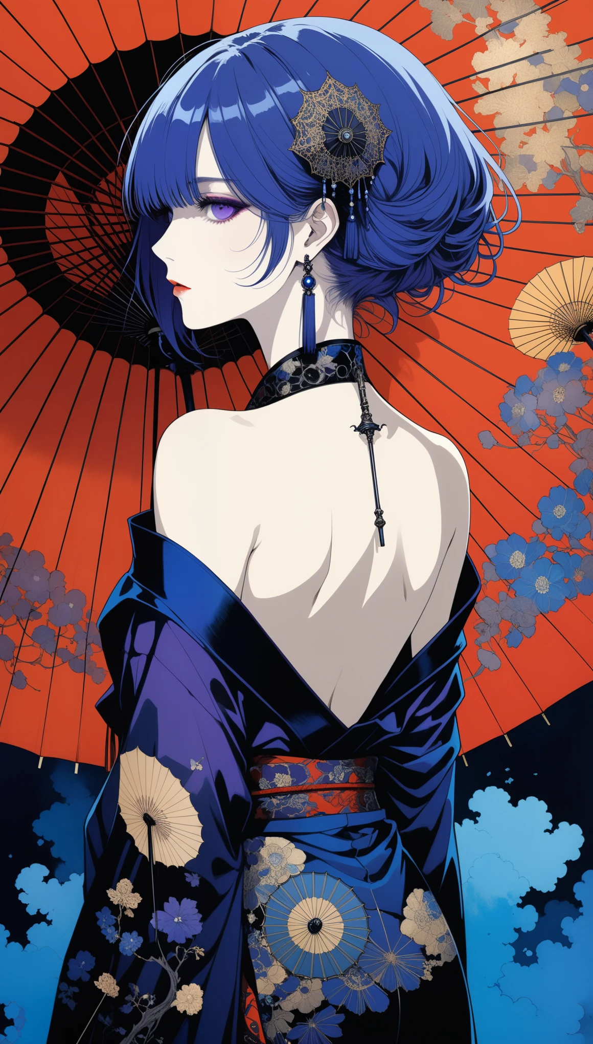 (in style of Harry Clarke:1.1),in style of Santiago Caruso,
1girl,short blue hair,gorgeous oil-paper umbrella,the dark purple pupils glow,no rain,eye to eye,smoking,smooth back,bare shoulders,bare_back,a black noble kimono with shoulders exposed,
BREAK
(neon-glowing blue smoke:1.5),absolute darkness,black art,(from behind:1.2),portrait close-up,darkness,blue tones in the dark,backlight,low light,it brings out a quiet and cold atmosphere,