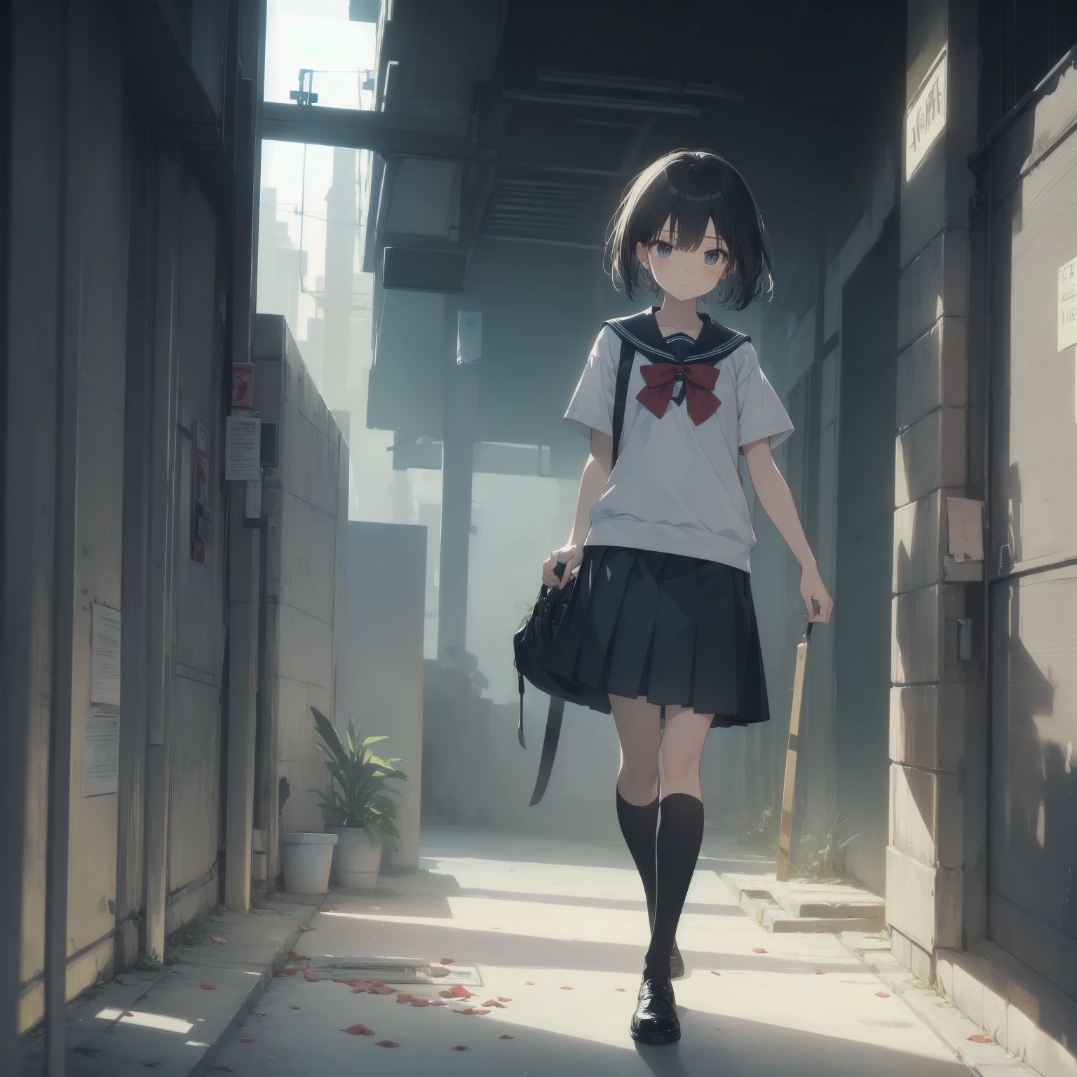 ultra-absurdres-Top quality by artist God, ultra-detailed, high resolution, anime moe artstyle, best anime 8k konachan wallpaper, pixiv contest winner, pool:2810, perfect anatomy,break, 1girl, (Please draw a girl walking sleepily to school alone. )break,(Solo,little female, 13-year-old:1.3),Full limbs, complete fingers,a junior high school student, (very short hair), short cut, flat chest, , small butt, small black eyes, beautiful detailed eyes, well-proportioned iris and pupils, expressive eyes, highres detailed hair, soft expression, salor school_uniform, sailor collar, serahuku, bow, pleated skirt,(Detailed Lighting), (Detailed background), in the School commute route. break,super detailed skin, Best cinematic lighting powered by famous artist, 8k,beauty illustration,photoshop_(medium),very aesthetic,break,((artist:kotorai )), artist:clamp ,artist:carnelian ,artist:kantoku ,
