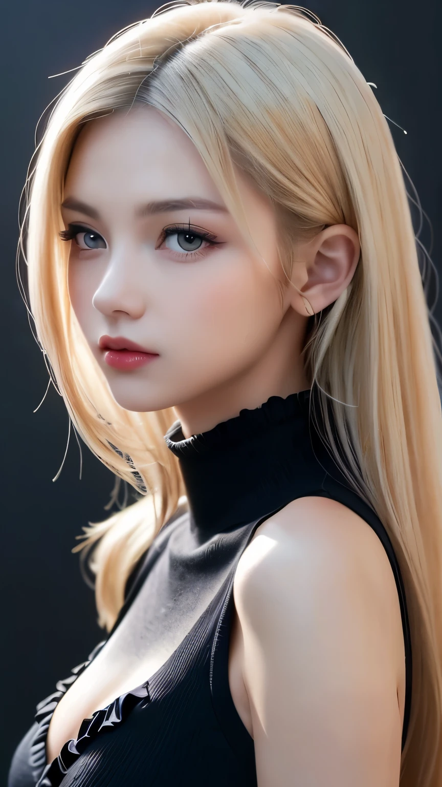 (((forehead、Extreme Pose、sexy、see through、Gyeongju、Calm face、black high neck sleeveless、White blond hair의 Hair、waist length hair、Northern Europe、White、Beautiful girl、blond hair의、White background、cute、young、true face、shiny hair、whole body)))、table top, best quality, shame, very detailed, finely, high resolution, 8K wallpapers, Complete dynamic configuration, Detailed and beautiful eyes, Deco out,blond hair, medium hair, big bust, natural color lip,white background, random cute poses,ruffle dress