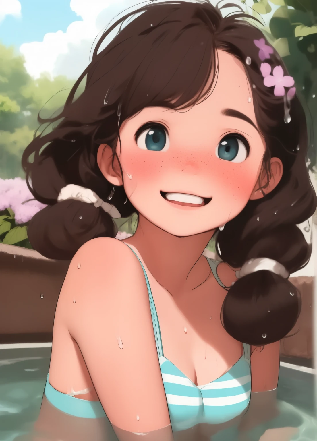 (masterpiece、Highest quality、Highest quality、Official Art、Beautiful and beautiful:1.2)、(One girl:1.3)Hatsune Miku、Twin tails,Beautiful breasts, masterpiece,Highest quality,masterpiece,Highest quality,Cute doodles,Hilarious, Honor student, 10 years old,Short length,Curly Hair,長い茶色のCurly Hair,Twin tailsヘア,Vibrant, inquisitive eyes,freckles,Thick eyebrows,Cute Swimsuits,Open Fly,Sweat,Water Drop,Lots of splashes,Wet body,Children enjoying splashing around in a park fountain in early summer,Wet, See-through clothing,Laughing happily,Hydrangea flowers,Flower-like scent,Jojo Fashion,Children in the background,