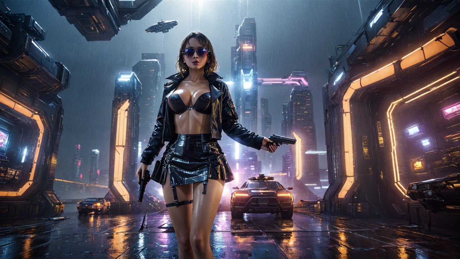 (((aerial view))), Blade Runner style futuristic space station platform, flying cars, neon lights, rainy night. (1girl, solo, alone), large-breast:1.2 slim body, cleavage:1.1, sexy laced lingerie, low angle view miniskirt, jacket, (black sunglasses), (((she raised a pistol:1.8 and shot the viewer))), dynamic pose, (((half-body thigh level medium shot))), cinematic lighting, lens flare, ray tracing.