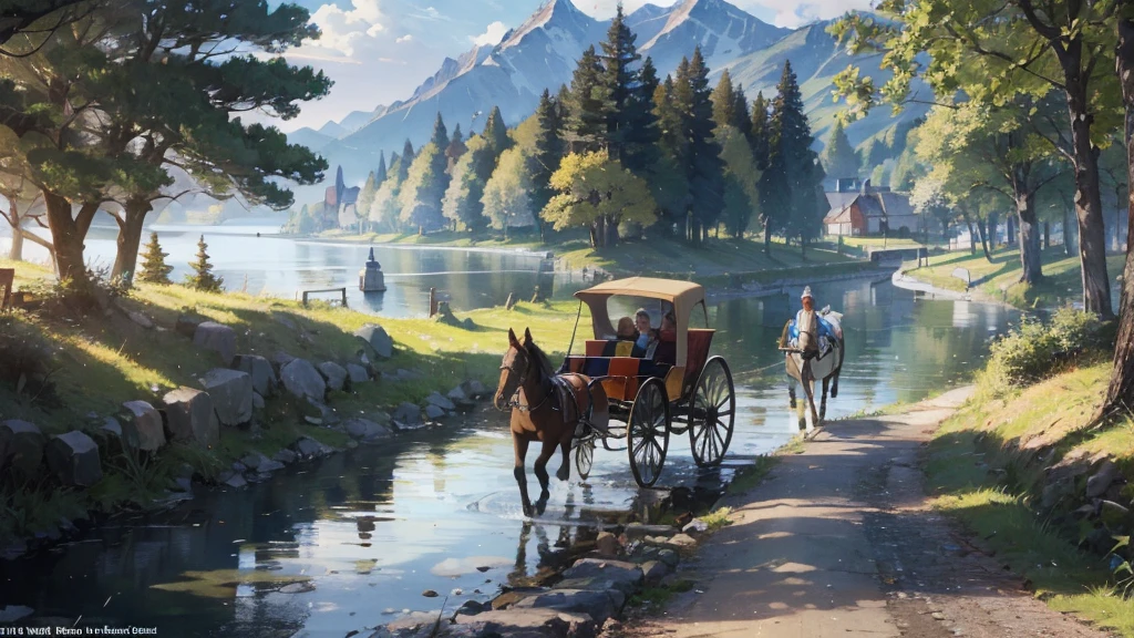 A horse-drawn carriage is running along a forest road along a river leading to a lake, passing travelers, a medieval fantasy world,