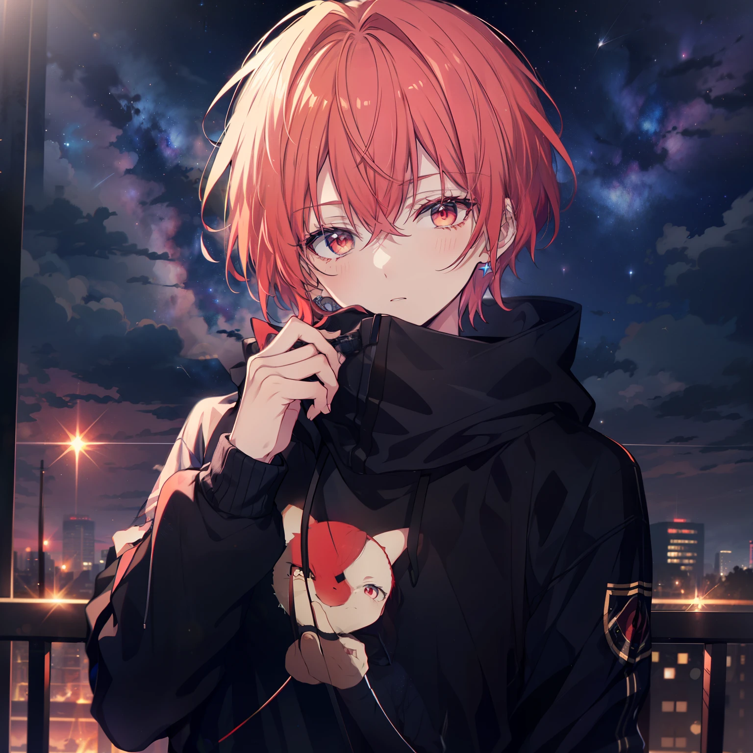 (Highest quality), (masterpiece), 1080P, High resolution, 4K, 8k, boy, Short Hair, black Parker, hoodie, Wearing a hood, Red hair, Red Eye, Upper Body, Night Sky, Starry Sky, shooting star, Pistol, scarf,