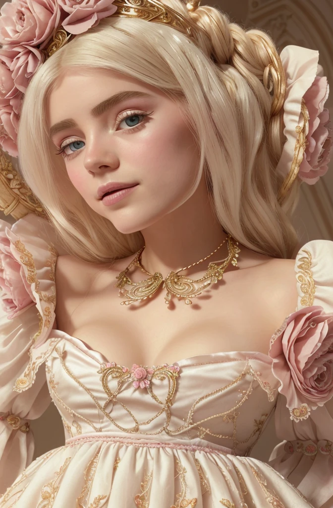 White Blonde hair, fluffy hair, stylish hair, long hair, lilac eyes, perfect eyes, beautiful, perfect face, tween, dainty , short, kind, curvy, a flowing pale airy gown with ruffles along the bottom with tiny pink flowers and gold dragon embroideries with flowers, Her tiara had a pretty teal gemstones, silver necklace, noble class, royal, royalty, red castle, feasting hall, medieval, elegant surroundings, soft dewy makeup look, light peach blush, soft tan eyeshadow, light coral lipstick, cutesy, girlish, girly, guileless, ingénue, princess , whimsical lighting, Targaryen, dragons in the sky, photorealistic
