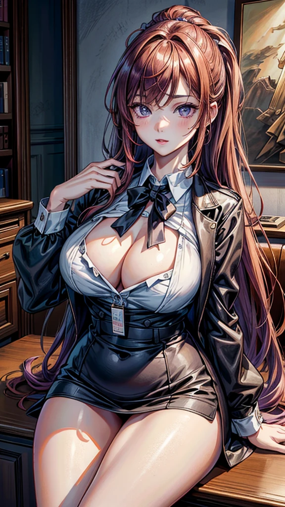 (Top resolution、Distinct_image)top-quality、(A girl) 、masterpiece、highly detailed, half body, Semi-realistic、 ( purple eyes ) 、25year old,
( ginger hair ) ,young 、Exquisite facial features、Facial features ,variation potrait, long hair , age, cool , cold sharp eyes, , {Very detailed 8k CG unit wallpaper}, students, black office uniform, office girl, plump body, big breasts