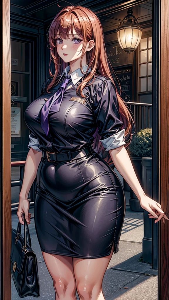 (Top resolution、Distinct_image)top-quality、(A girl) 、masterpiece、highly detailed, half body, Semi-realistic、 ( purple eyes ) 、25year old,
( ginger hair ) ,young 、Exquisite facial features、Facial features ,variation potrait, long hair , teenage, cool , cold sharp eyes, , {Very detailed 8k CG unit wallpaper}, students, black office uniform, office girl, plump body, big breasts