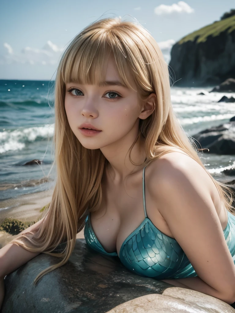 A woman with big, blonde hair, short bangs, she is dressed as a mermaid, quality face, she is sitting on a rock in the sea