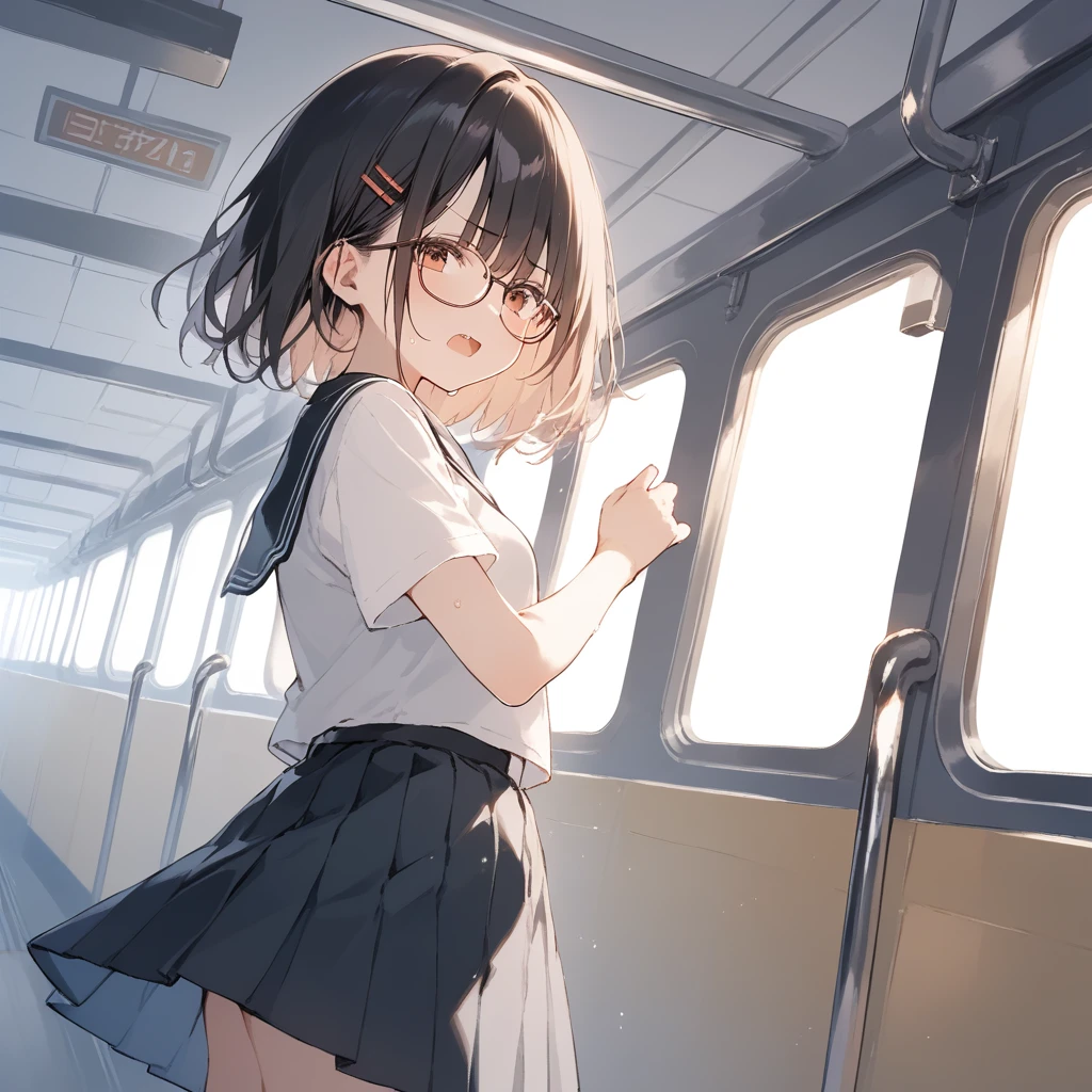 score_9, score_8_up, score_7_up, source_anime, best quality, masterpiece, official art, absurdres, highres, ultra-detailed,waifu2x,Collection: Slice of Life,break,1girl, short hair, glasses, serahuku, small breasts, disgusted eyes, beautiful detailed eyes, pleated skirt,sweat, open mouth, (yawn:0.3), sleepily, indoors, train, break,(clear line illustration:1.2), super detailed skin,very high resolution, very aesthetic, Best sexual lighting powered by famous artist, 8k,cute picture,beauty illustration,photoshop_(medium),,(Detailed Lighting),best anime 8k konachan wallpaper, pixiv contest winner,