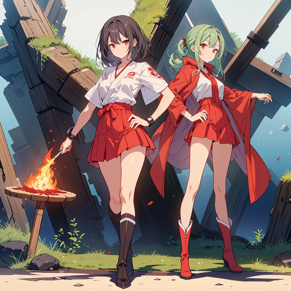 (Tabletop, Highest quality), (Perfect athletic body: 1.2), (Fine hair), Super Detailer, Anime Style, whole body, alone, Cyberpunk Karate Girl, Sea green twin hairstyle with red eyes, Wearing a shabby cloak and red skirt, Wearing long boots, Burnt mechanical limbs, giant limbs, a burning hole in my chest, Standing in the Wilderness, 8K high resolution, White Background, whole body, Fighting Pose, ((woman'purple-black flame'Fist of))Bullish appearance