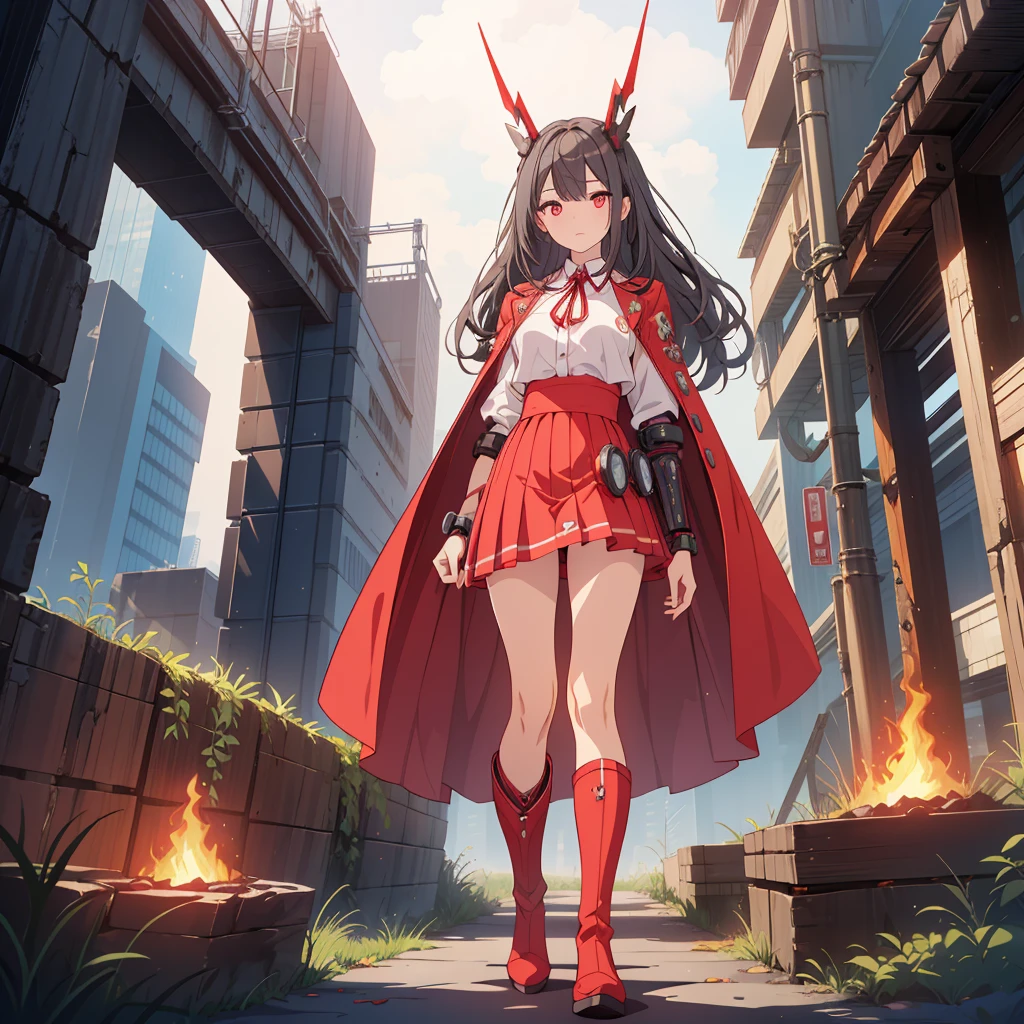 (Tabletop, Highest quality), (Perfect athletic body: 1.2), (Fine hair), Super Detailer, Anime Style, whole body, alone, Cyberpunk Karate Girl, Sea green twin hairstyle with red eyes, Wearing a shabby cloak and red skirt, Wearing long boots, Burnt mechanical limbs, giant limbs, a burning hole in my chest, Standing in the Wilderness, 8K high resolution, White Background, whole body, Fighting Pose, ((woman'purple-black flame'Fist of))Bullish appearance