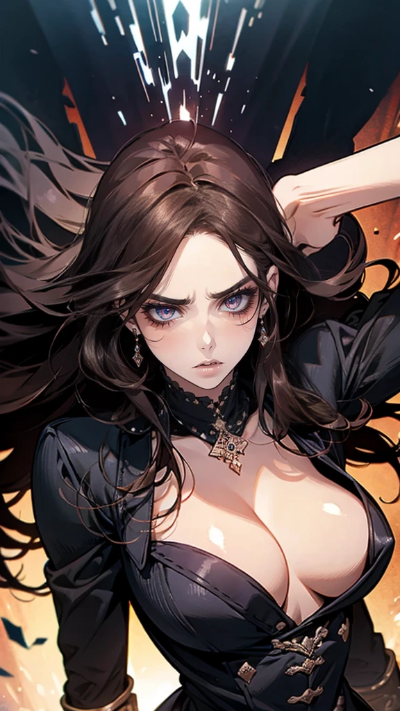 Woman, dark hair, dark eyes, long hair, fierce face, beautiful