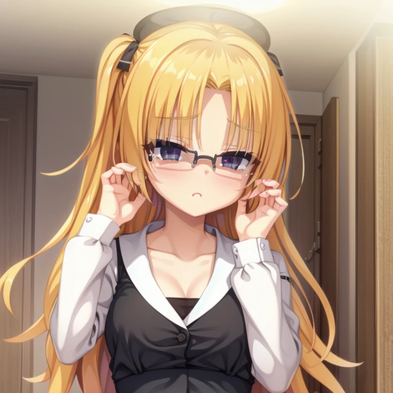 (Tabletop:1.0), (highest quality:1.4), (High resolution:1.2), From the side,Sharp contours,  boyish, highest quality, masterpiece,Glasses,Voice of the Heart,20-year-old woman,yandere,Big Breasts,Chest to chest,Lying face down,Upper Body,Ecstasy,blush,Squint your eyes,Tuck up your clothes,lure