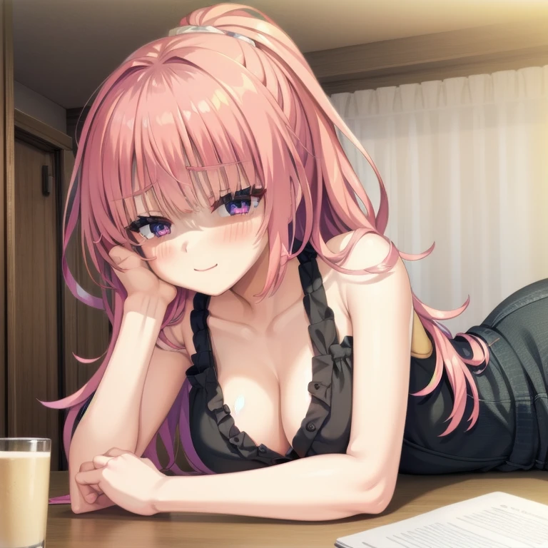 (Tabletop:1.0), (highest quality:1.4), (High resolution:1.2), From the side,Sharp contours,  boyish, highest quality, masterpiece,Glasses,Voice of the Heart,20-year-old woman,yandere,Big Breasts,Chest to chest,Lying face down,Upper Body,Ecstasy,blush,Squint your eyes,Tuck up your clothes,lure